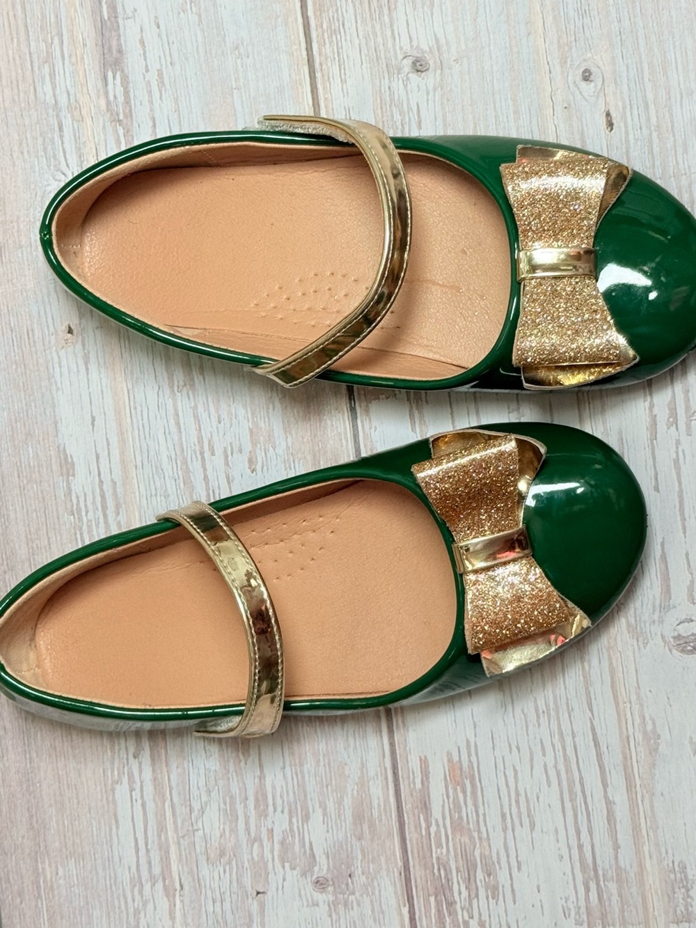 Girls' Green Patent Mary Janes with Gold Bow